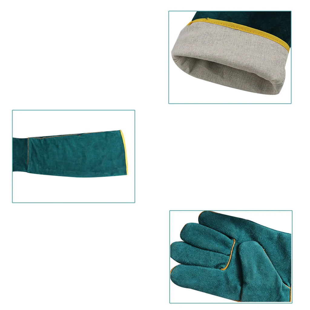 Dark green leather pet handling gloves with extended sleeve cuffs for animal bite protection