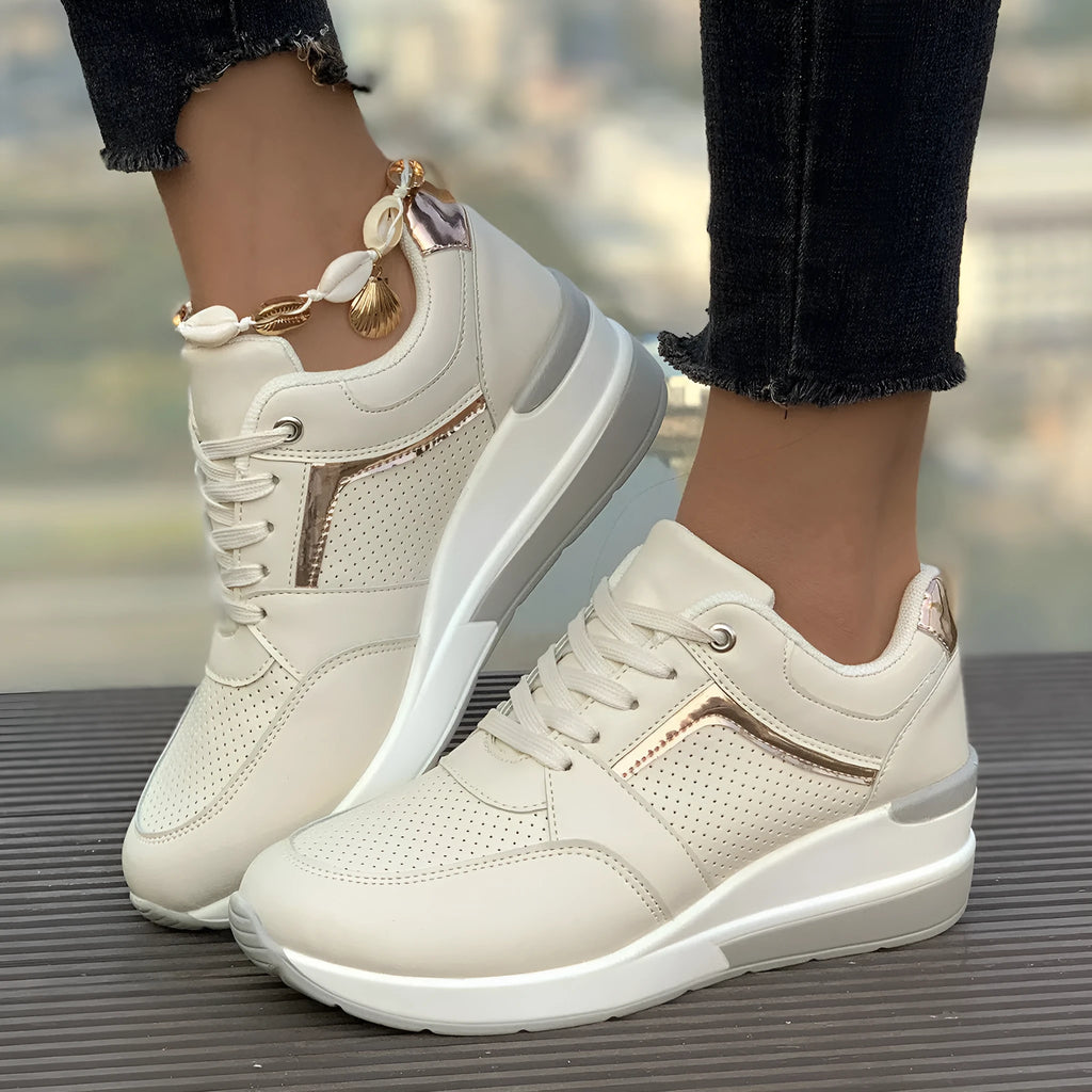 Women's wedge platform casual shoes in PU leather with a lace-up front and rubber sole.