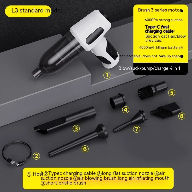 Handheld car vacuum cleaner with nozzle attachments in black, white, or grey colours