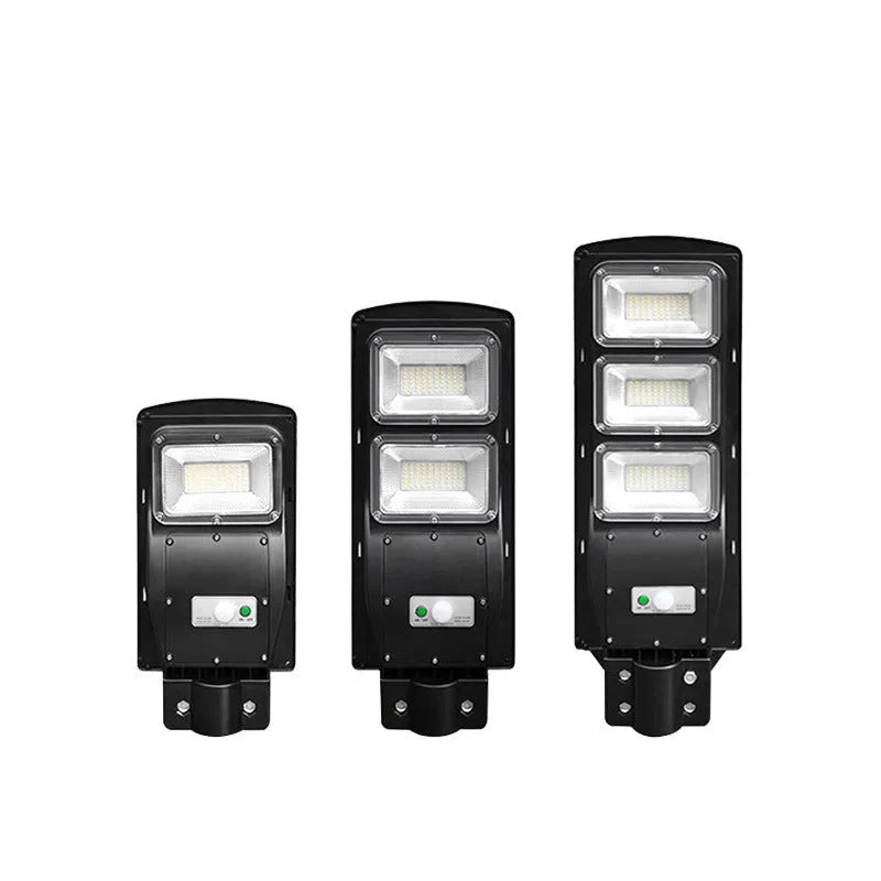 60W integrated solar-powered LED street light unit with remote control for outdoor use.