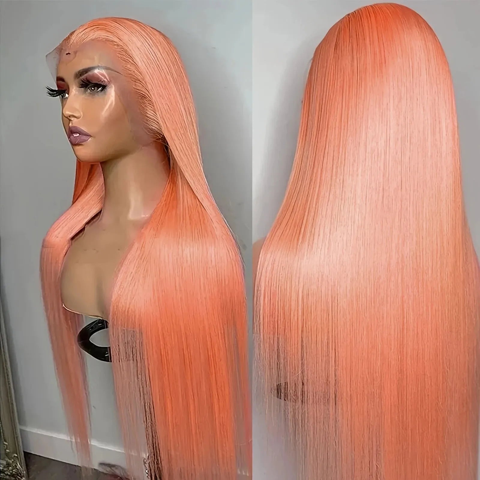 Light orange long straight lace front wig with side bangs on a wig head.