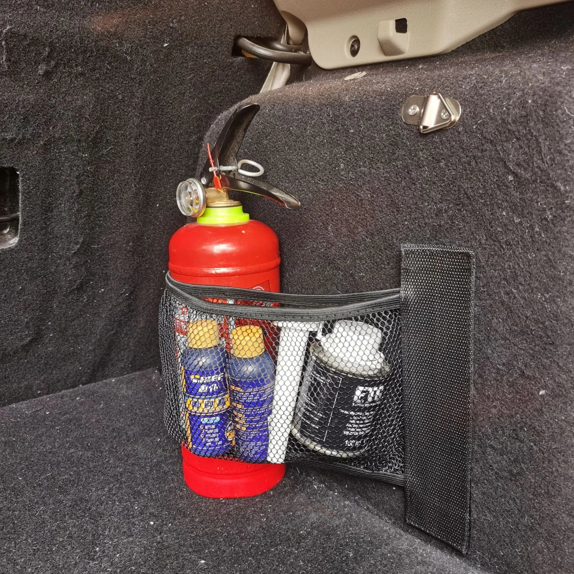 Black elastic polyester storage net for organising items in a car boot, shown in 20x35cm and 20x45cm sizes.