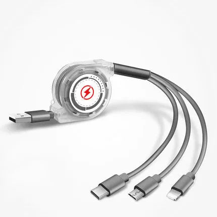 3 in 1 telescopic charging cable with TPE cable and titanium alloy connectors in multiple colours