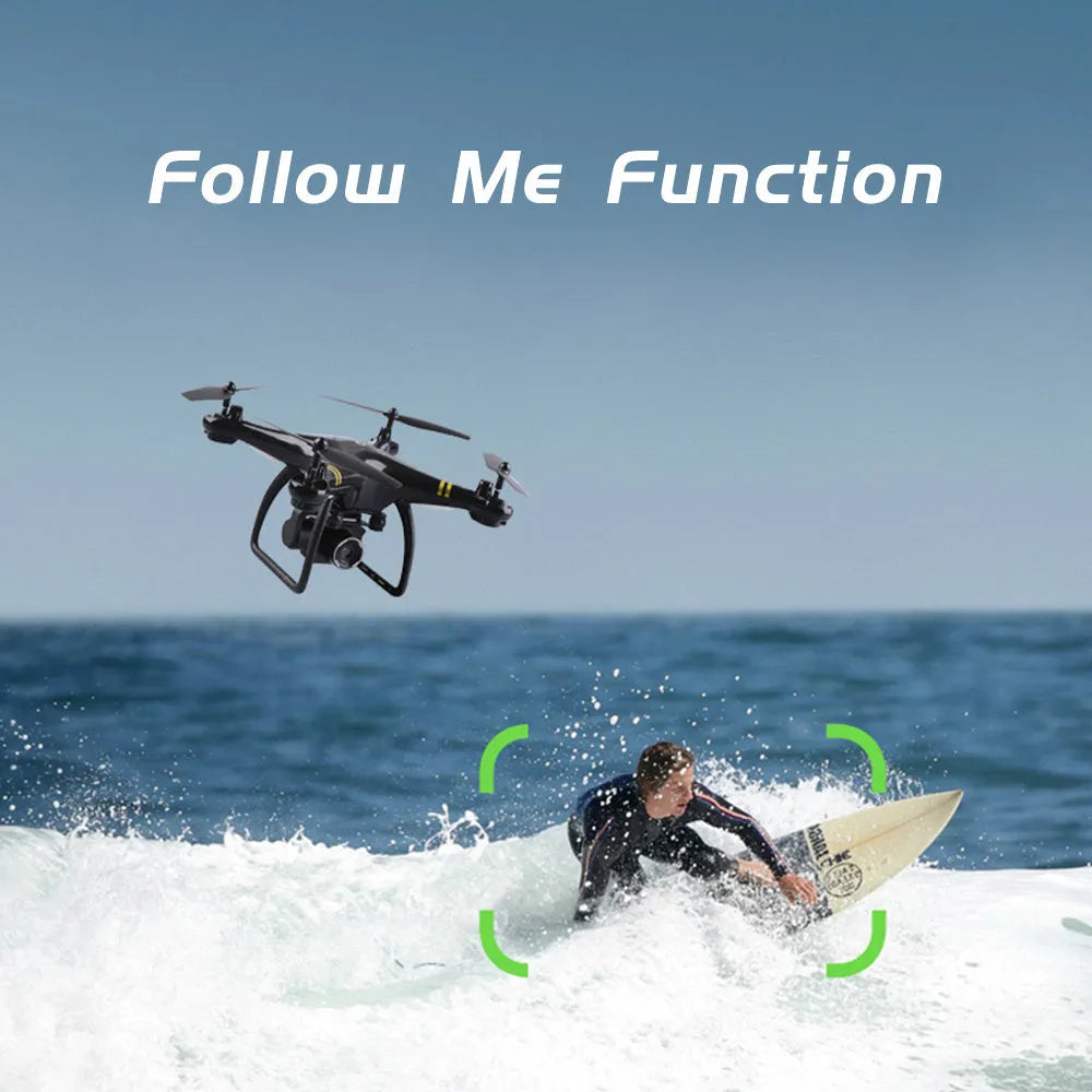 Black 5G GPS camera drone with four rotor arms and high-definition lens on a white background