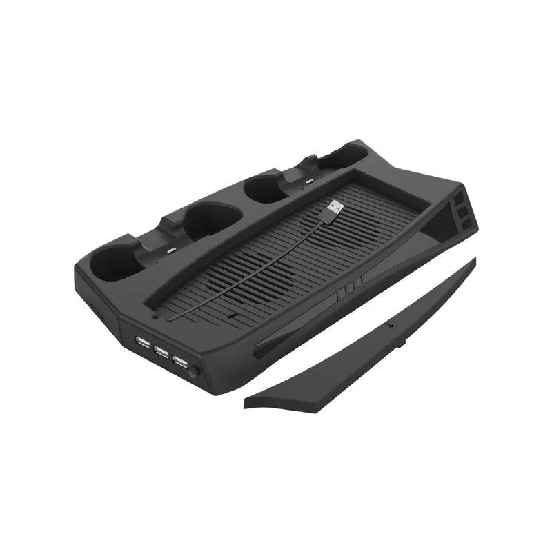 Black PS5 charging cooling fan base with dual controller slots and USB hub for console