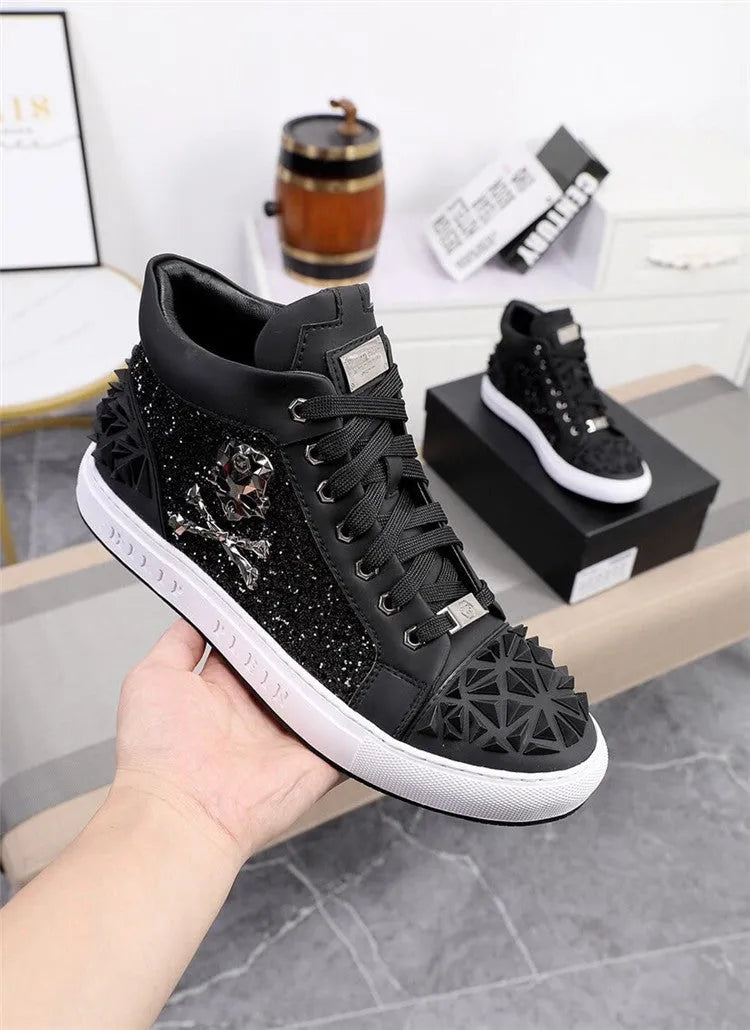 Men's black genuine leather high top skeleton shoes with red laces on a white background.