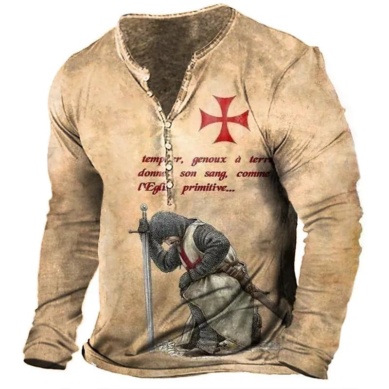 Men's long-sleeved open placket digital print camouflage T-shirt in bird eye cloth polyester fiber