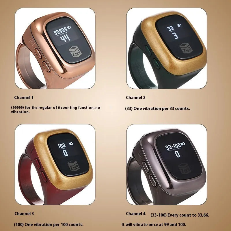 Al-fatiha electronic counter display with black casing shown next to rose gold and silver versions.