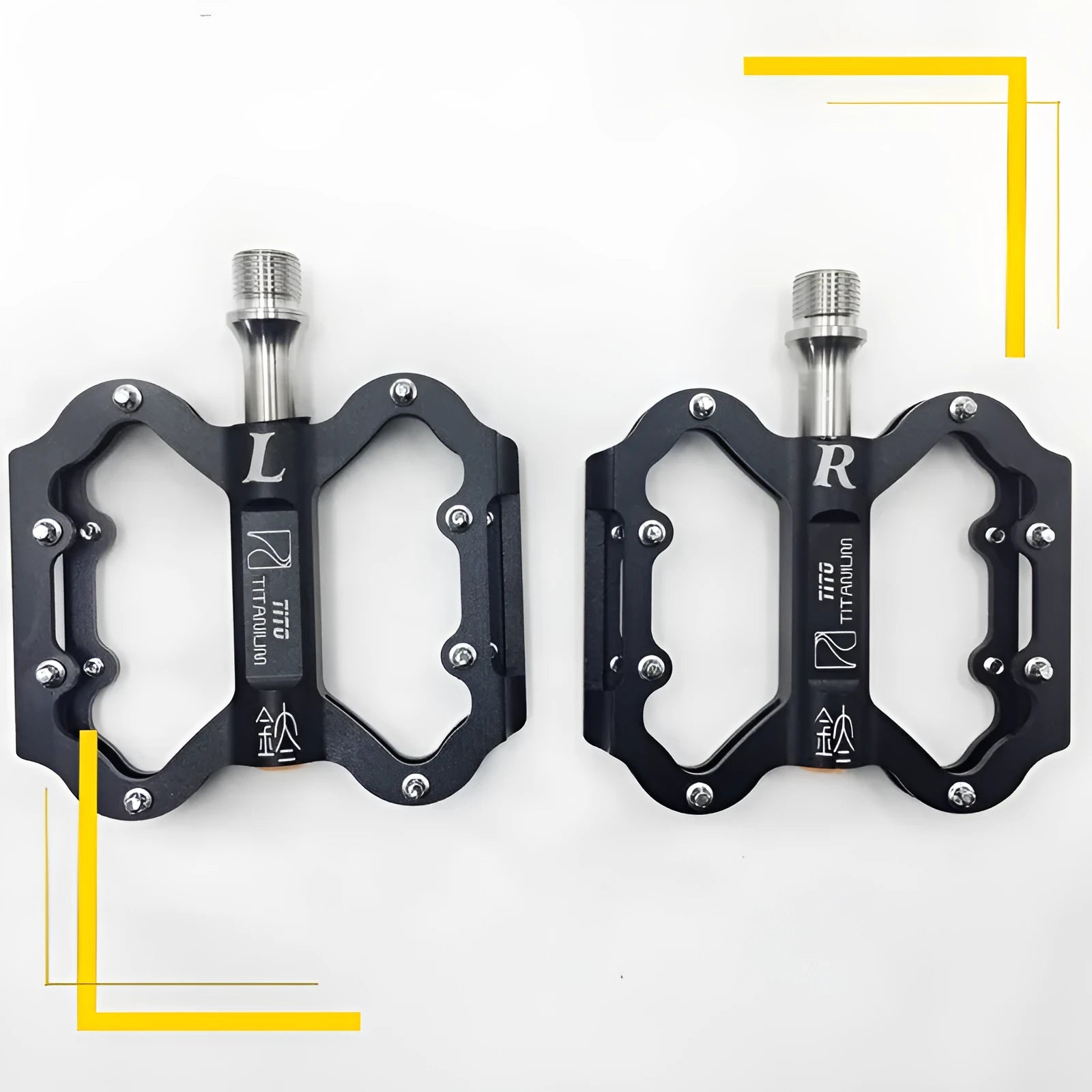 Titanium alloy and aluminium alloy pedal set for road and mountain bikes in black old style and titanium old style