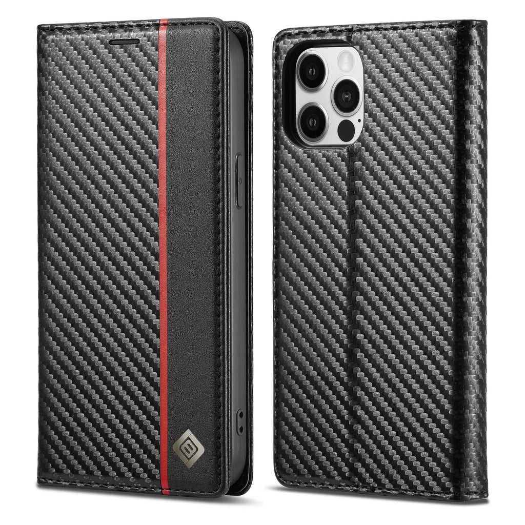 Flip phone case with kickstand and magnetic closure in black horizontal bar style for iPhone