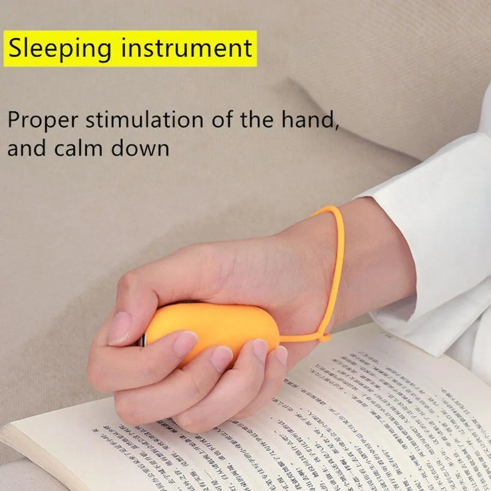 Handheld micro-current sleep aid device in grey, green, or orange colours with USB charging cable