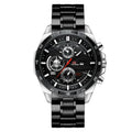 Men's casual quartz watch with business calendar, waterproof, in rose gold and black leather strap.