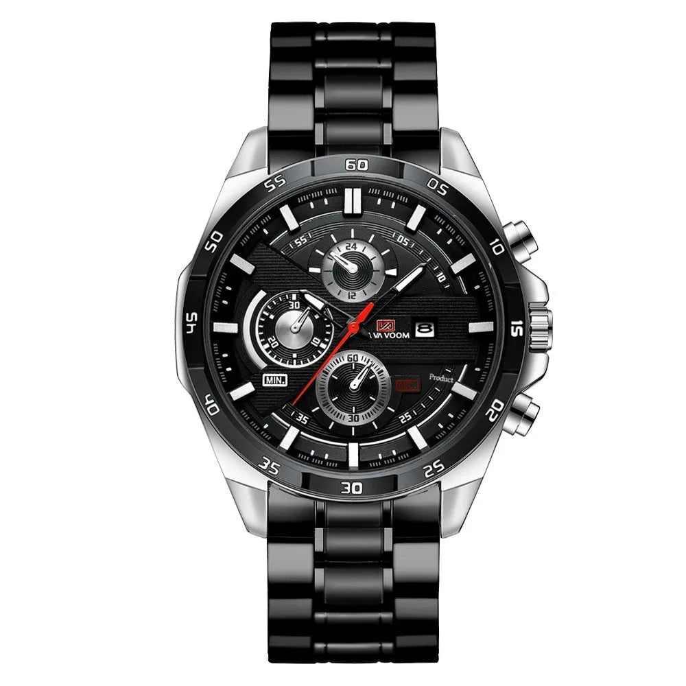 Men's casual quartz watch with business calendar on leather strap in rose gold and black colourway.