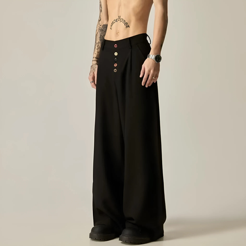 Men's solid black wide-leg casual trousers with a vertical tube cut and button fly.