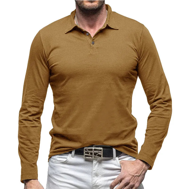 Men's dark grey cotton long sleeve T-shirt with a polo collar laid flat.