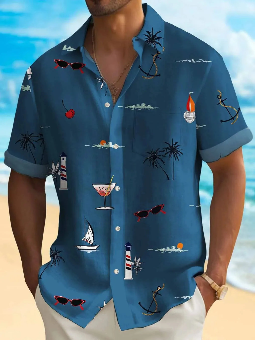 Man wearing a colourful digitally printed Hawaiian shirt with a loose fit and short sleeves.