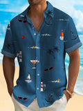 Man wearing a colourful digitally printed Hawaiian shirt with a loose fit and short sleeves.