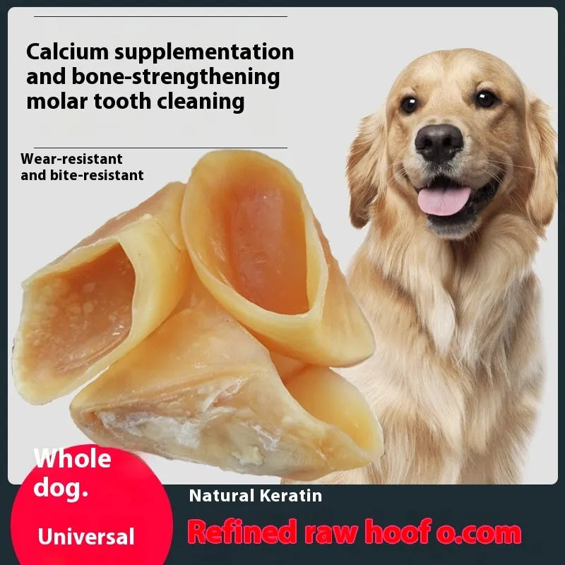 Natural cowhide dog chew snack in hoof shell colour for small and large breed sizes.