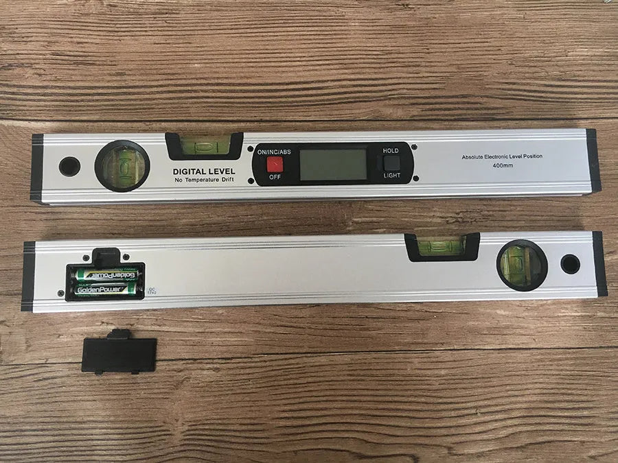 Digital magnetic angle meter with 400mm ruler, flip-up LCD screen, and 4 built-in magnets on black base