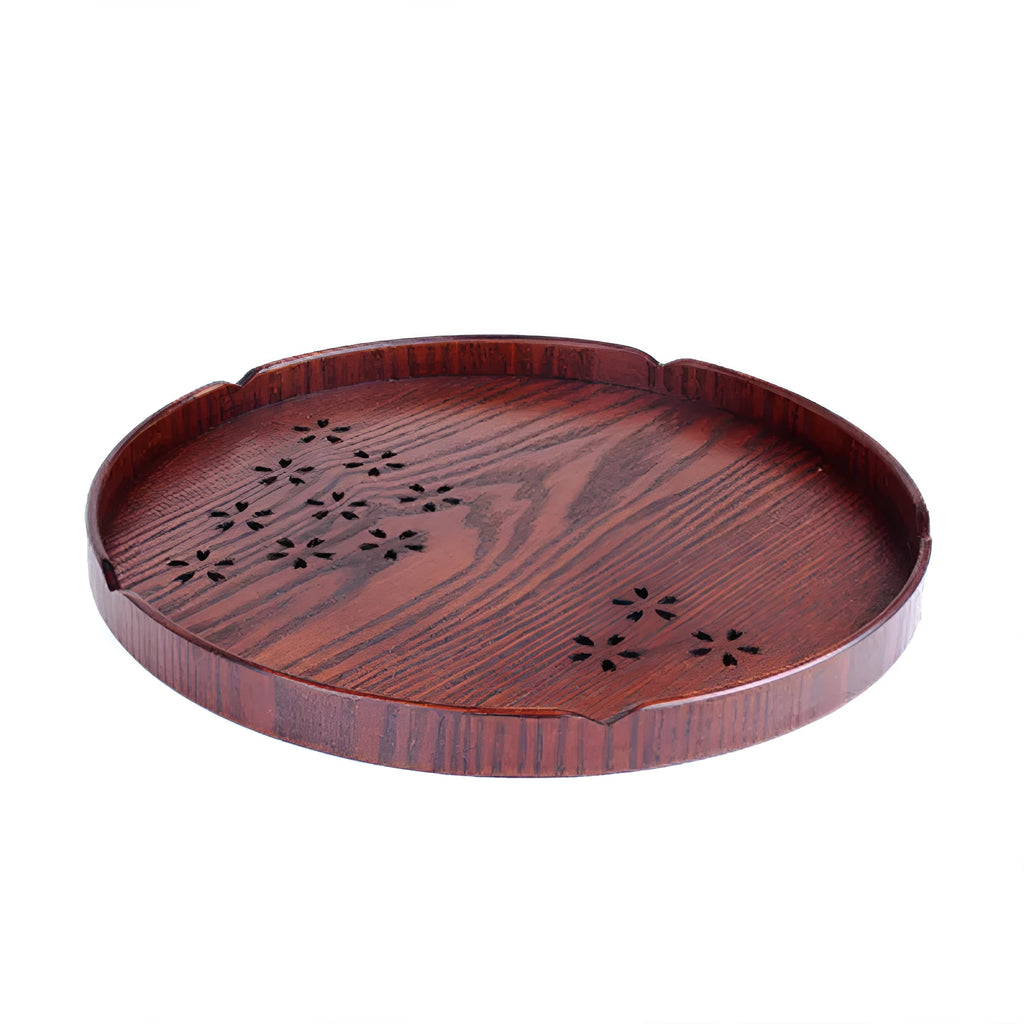 Wooden round plate with hollow sakura cherry blossom pattern, shallow 2cm depth.
