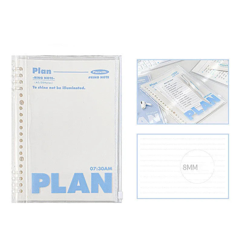 Clear A5 PVC storage folder for spiral notebooks in white or blue colour