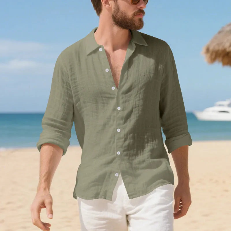 Man wearing a relaxed-fit light blue linen casual shirt with a non-iron finish