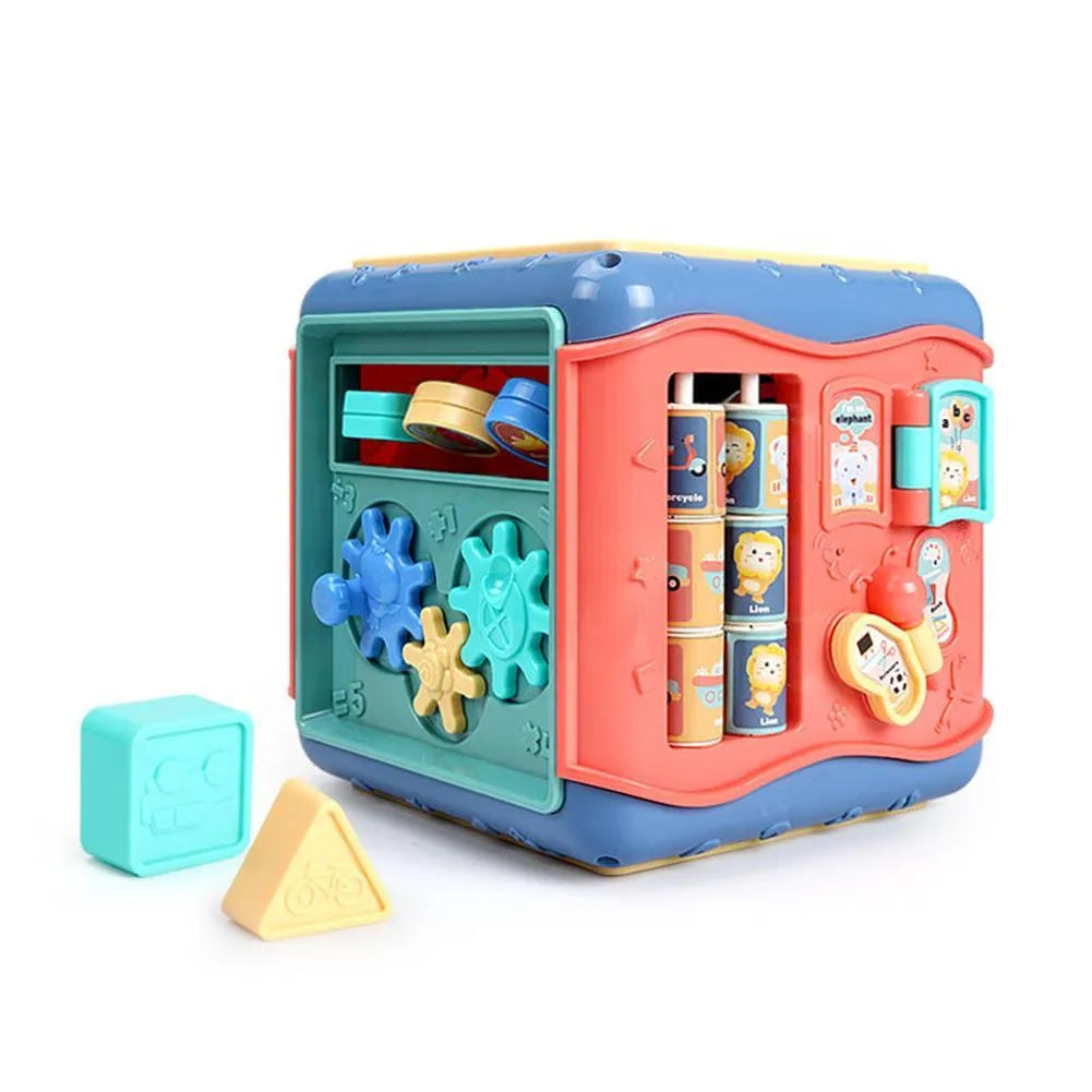 Colourful hexahedron educational toy showing bead maze, gear connections, and clock learning activities