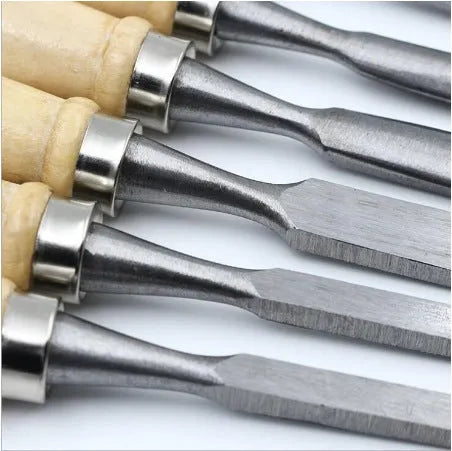 12-piece high carbon steel wood carving chisel set on a workbench