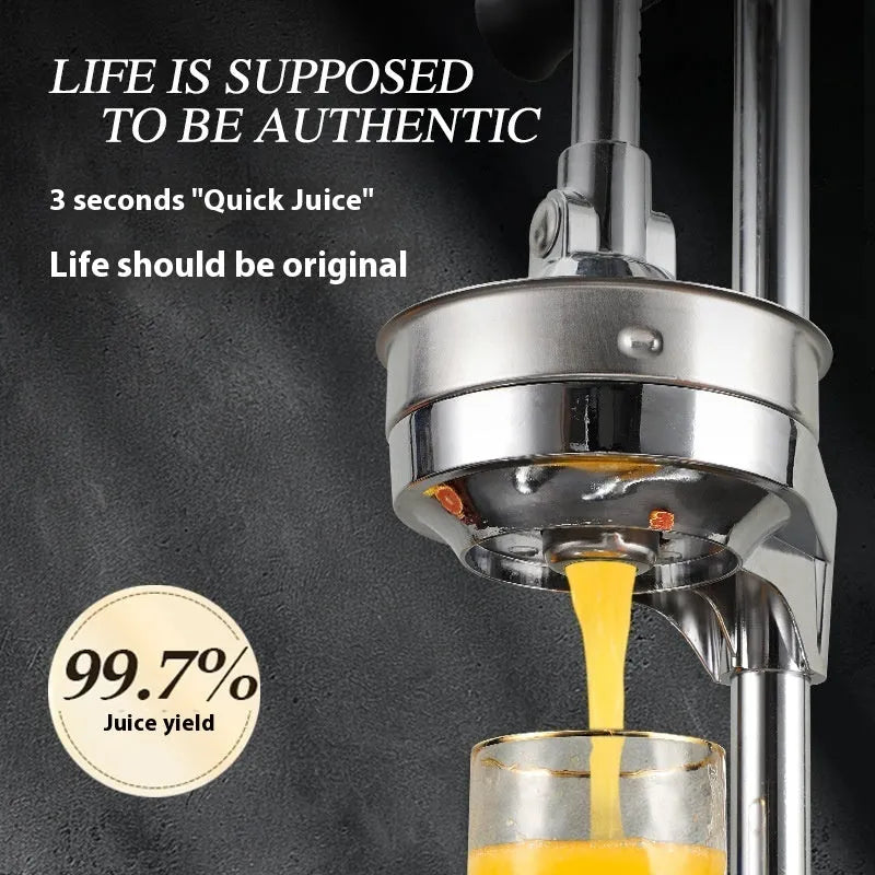 Vertical stainless steel and zinc alloy manual citrus juicer on a kitchen counter.