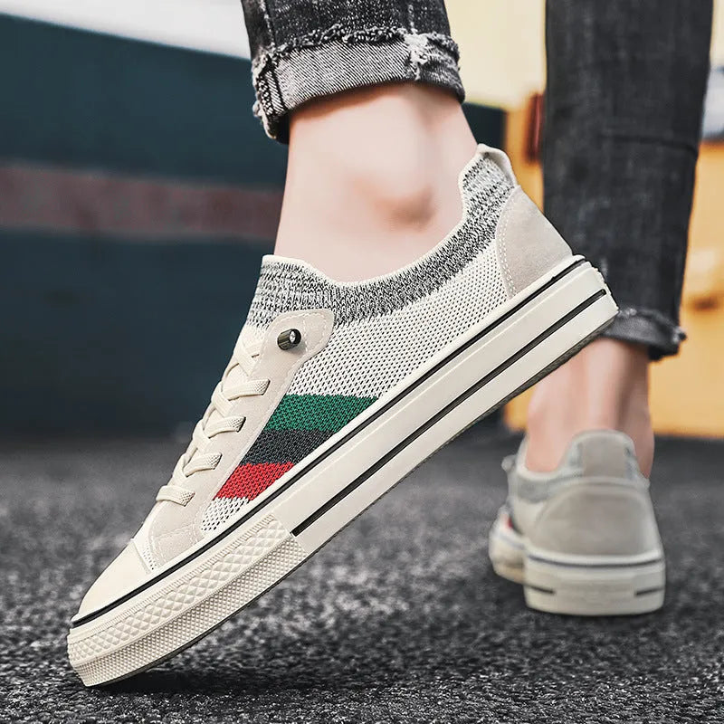 Men's knitted mesh casual sneakers with elastic band closure in beige colour