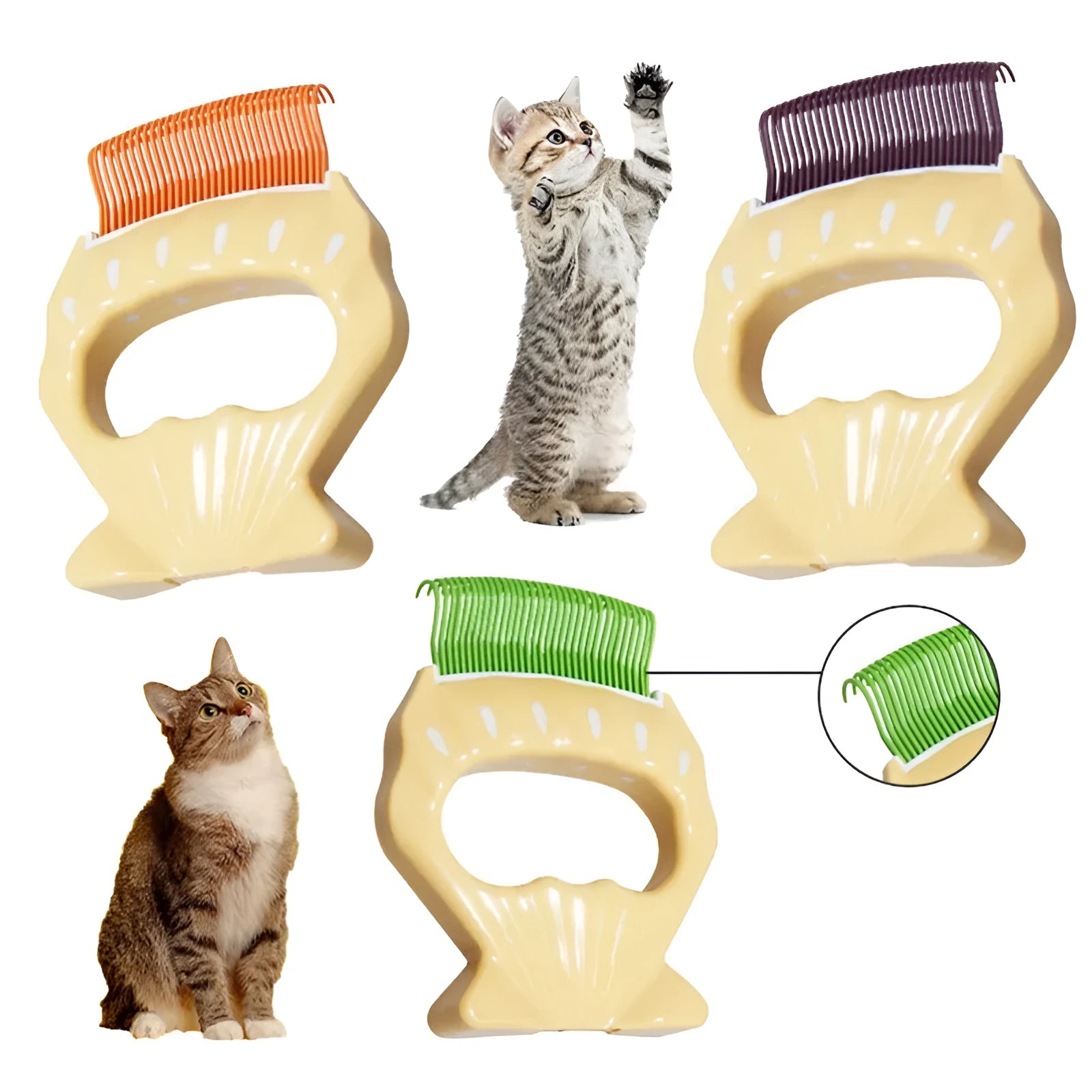 Green shell-shaped pet grooming comb with bent wire bristles and an anti-slip plastic handle.