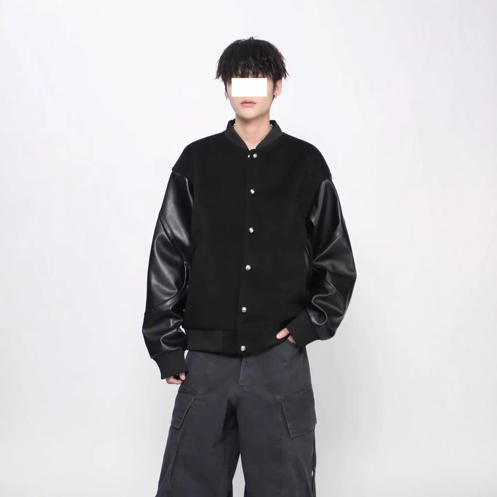 New Simple Harajuku Trendy Lazy Leather Coat in black with loose fit and side pockets
