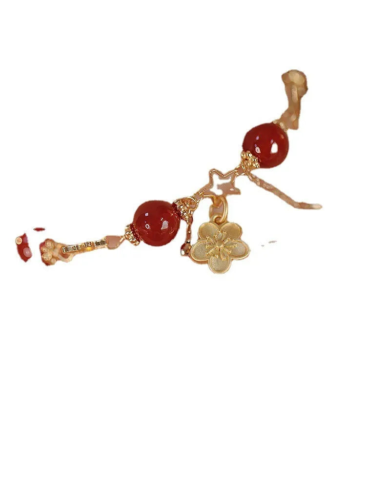 Red agate double layer bracelet with peach blossom flower design and manual craftsmanship