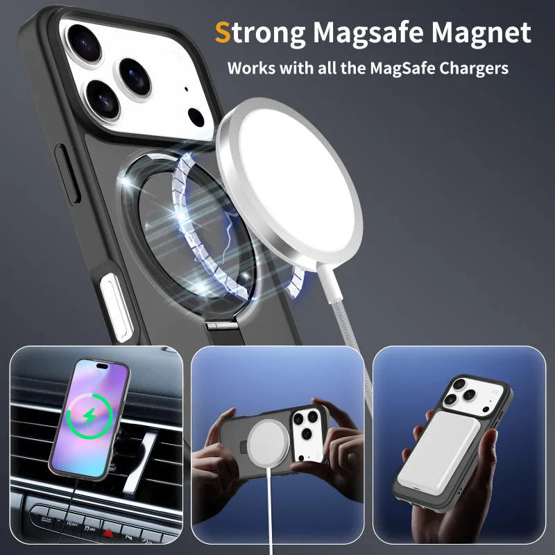 Magnetic drop-resistant phone case for iPhone 17 series with invisible bracket, black colour, TPU PC material