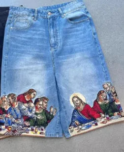 Men's blue cotton shorts with Jesus printed back pocket in tapered casual design