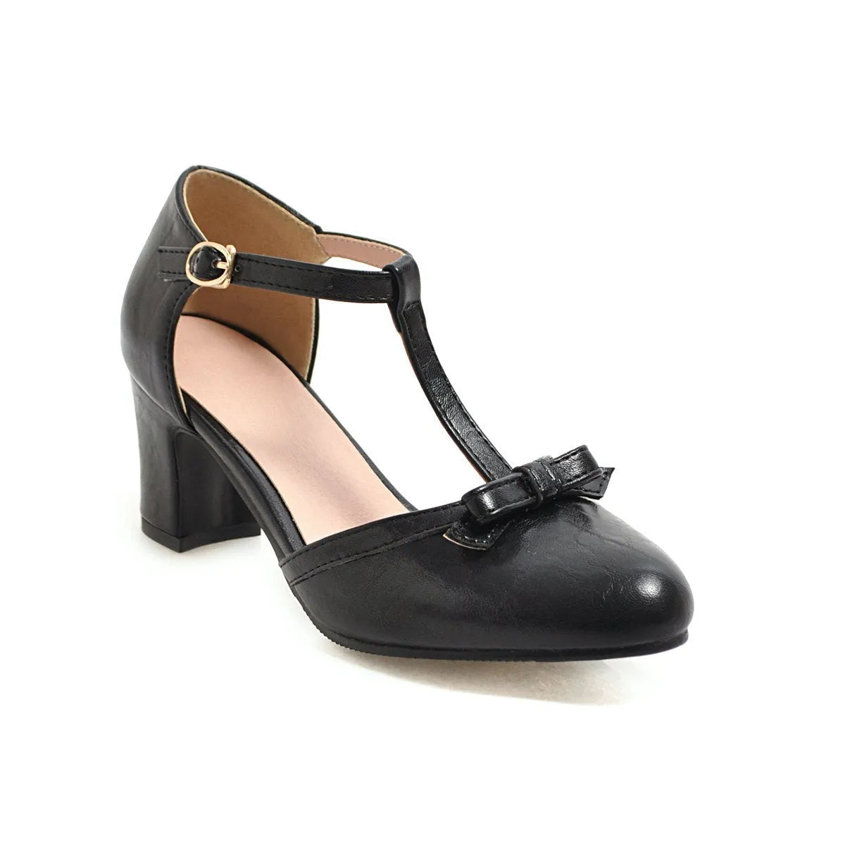 Women's apricot chunky heel sandals with an adjustable ankle strap and hollow-out design.