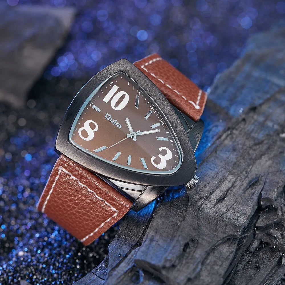 Men's casual brown triangle belt quartz watch with a 9mm thick case on a wrist.