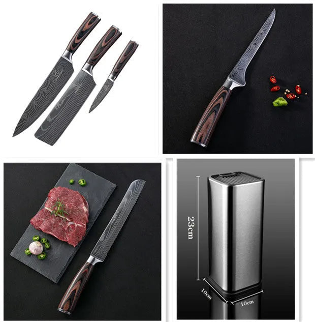 Chef knife with laser Damascus patterned blade and colour steel handle, length 30cm
