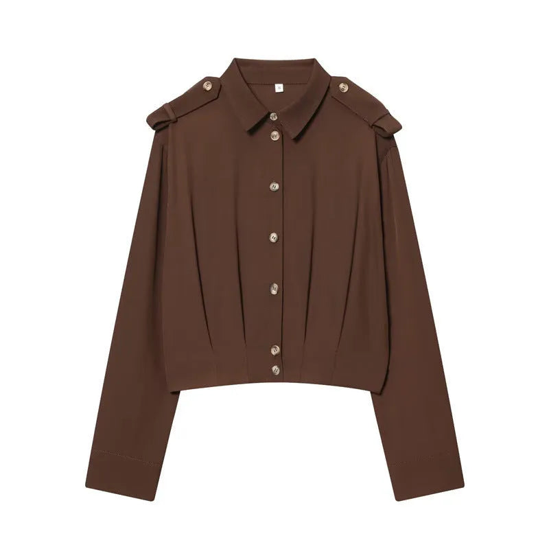 Women's loose fit brown polyester shirt with all-over plants and flowers print, shoulder strap style, front view