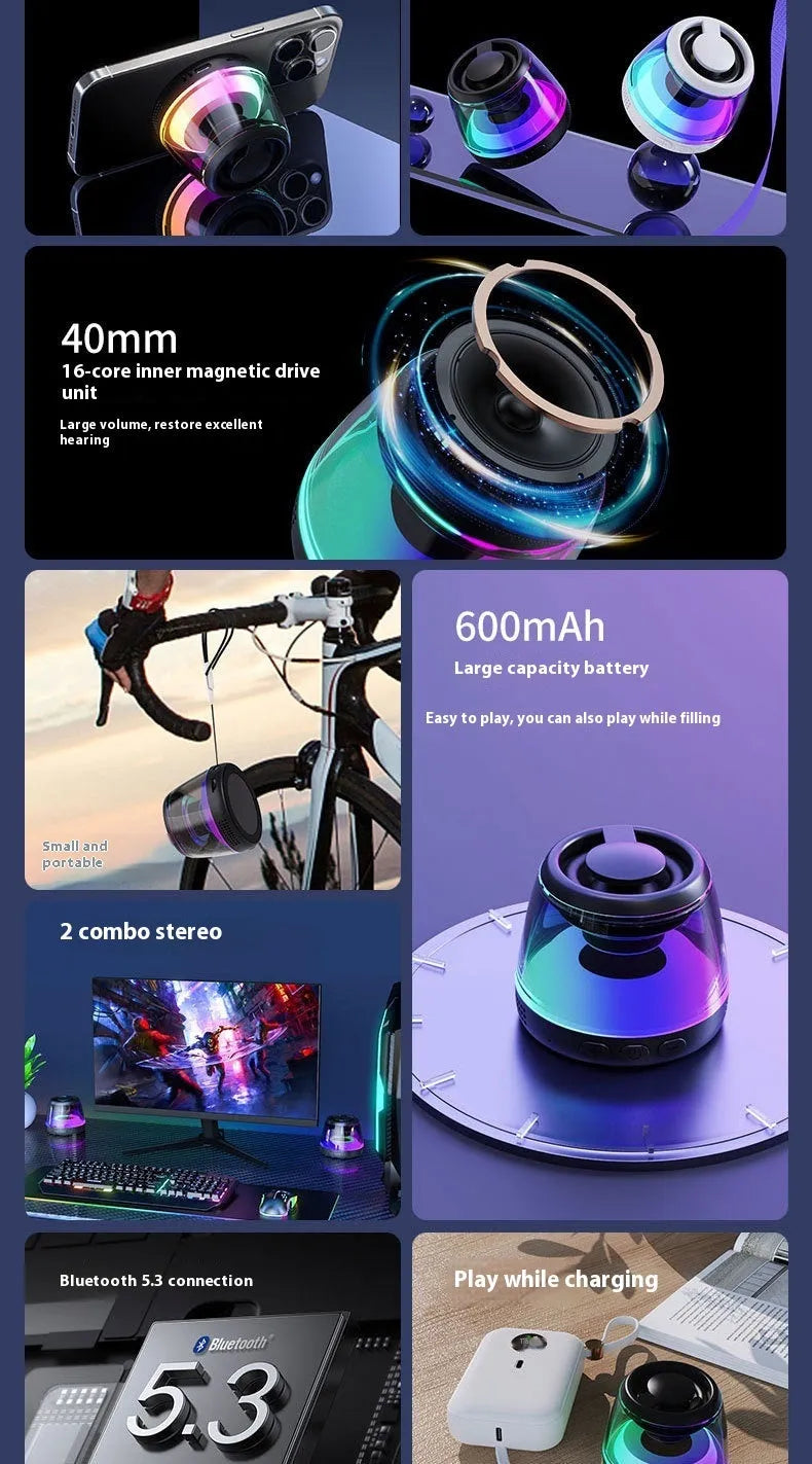 Portable white Bluetooth speaker with magnetic base, mood light, and card slot on a desk.