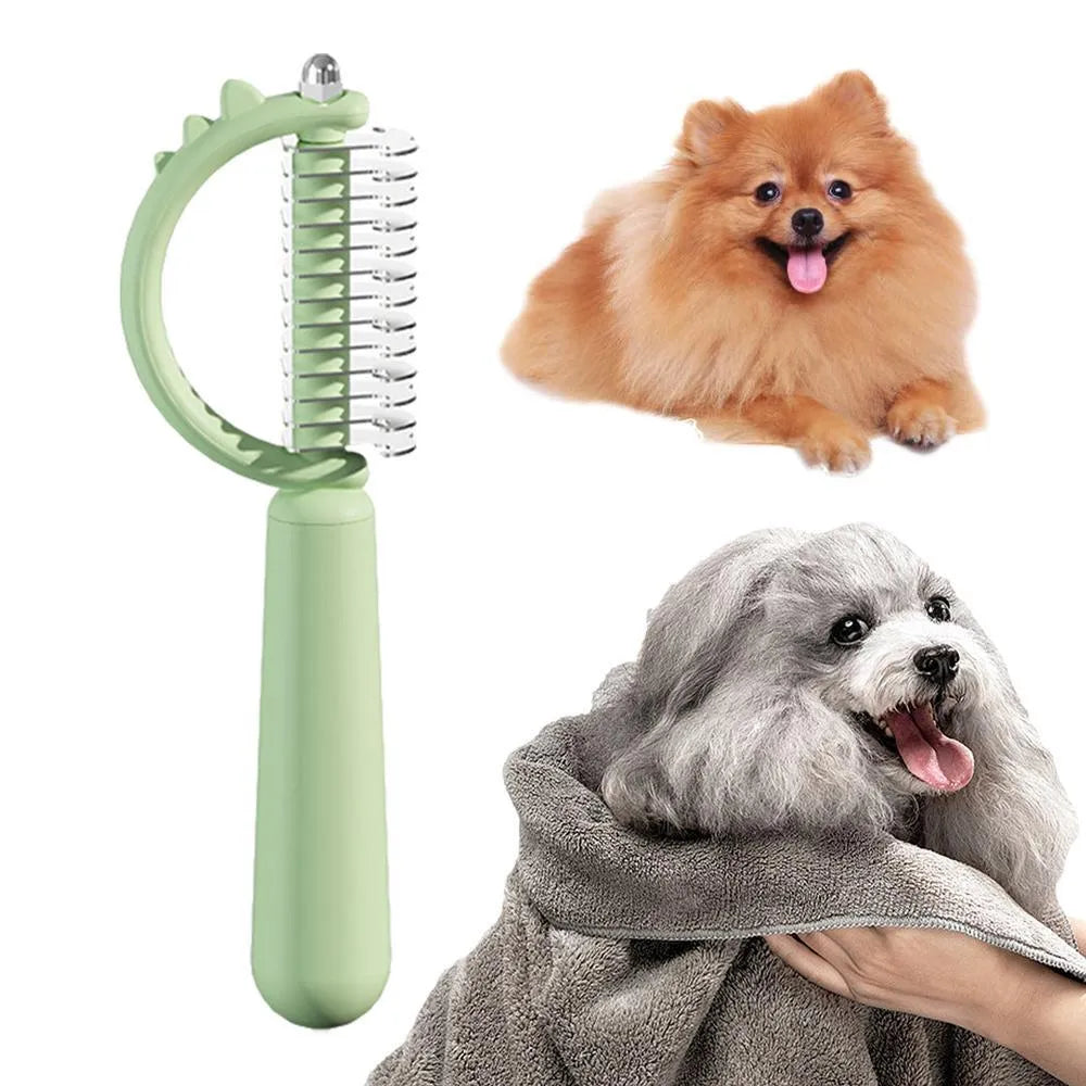 Dinosaur-shaped double-sided cat brush with self-cleaning mechanism in blue, green and white colours