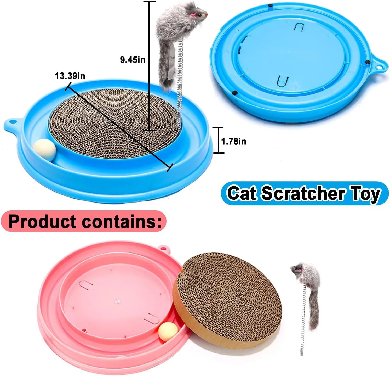 Blue interactive cat scratcher toy with ball in track and replaceable cardboard pad.