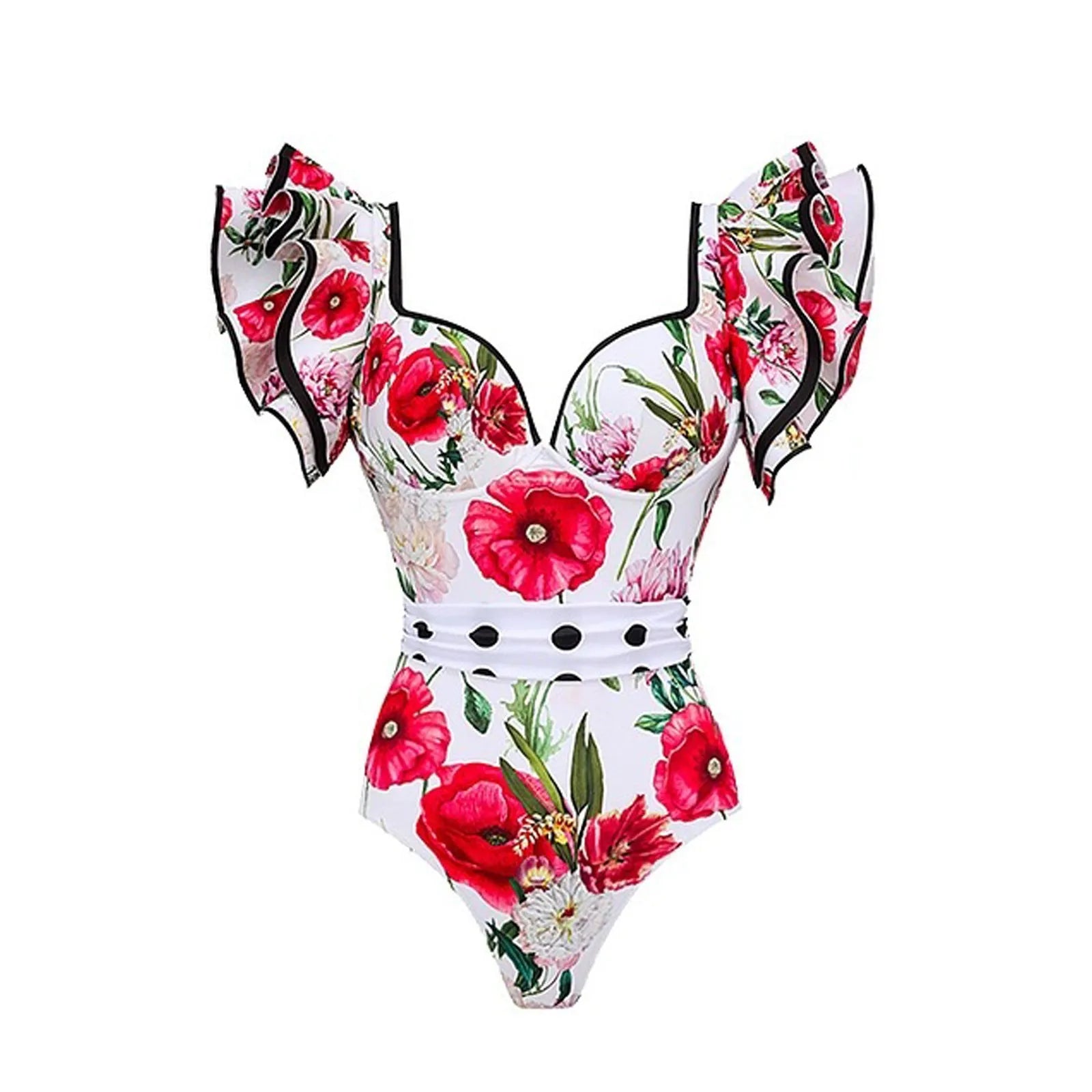Women's floral printed one-piece polyester swimsuit on a hanger, showing skirted style.
