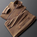 Men's brown synthetic fibre blend striped sportswear set with long-sleeve jacket and long pants