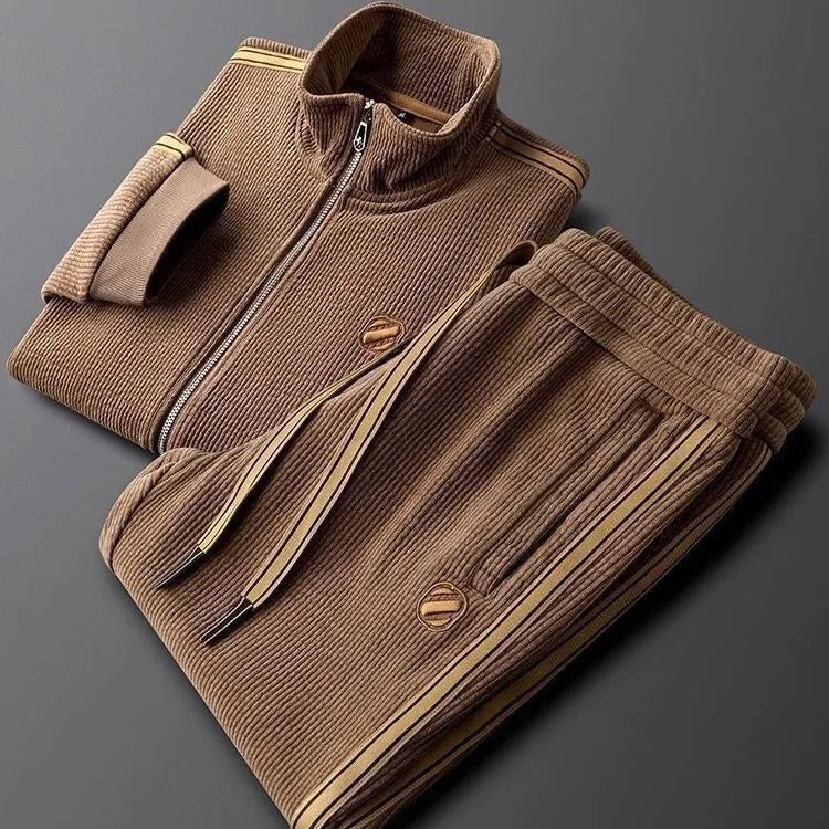 Men's brown synthetic fibre blend striped sportswear set with long-sleeve jacket and long pants