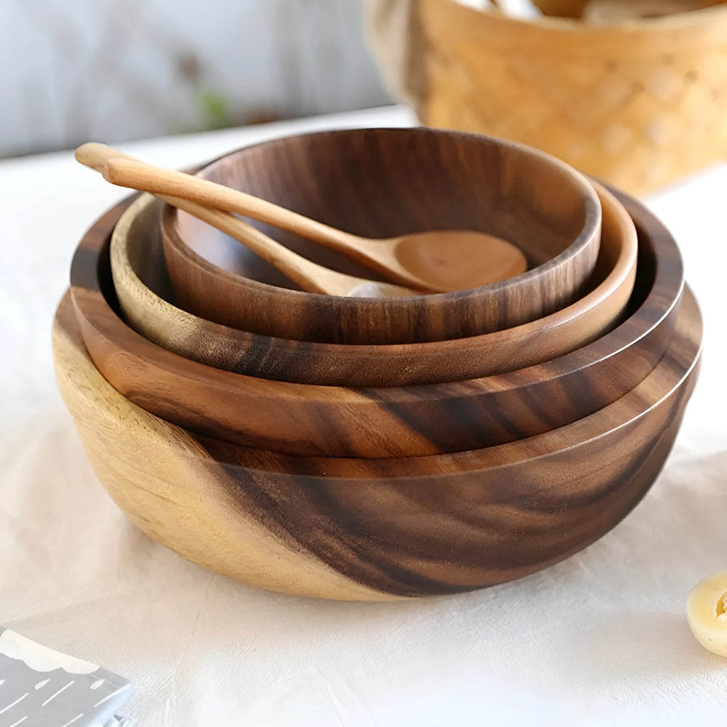 Brown wooden bowl handmade Japanese style with visible wood grain, available in multiple sizes from 8x6cm to 26x8cm.