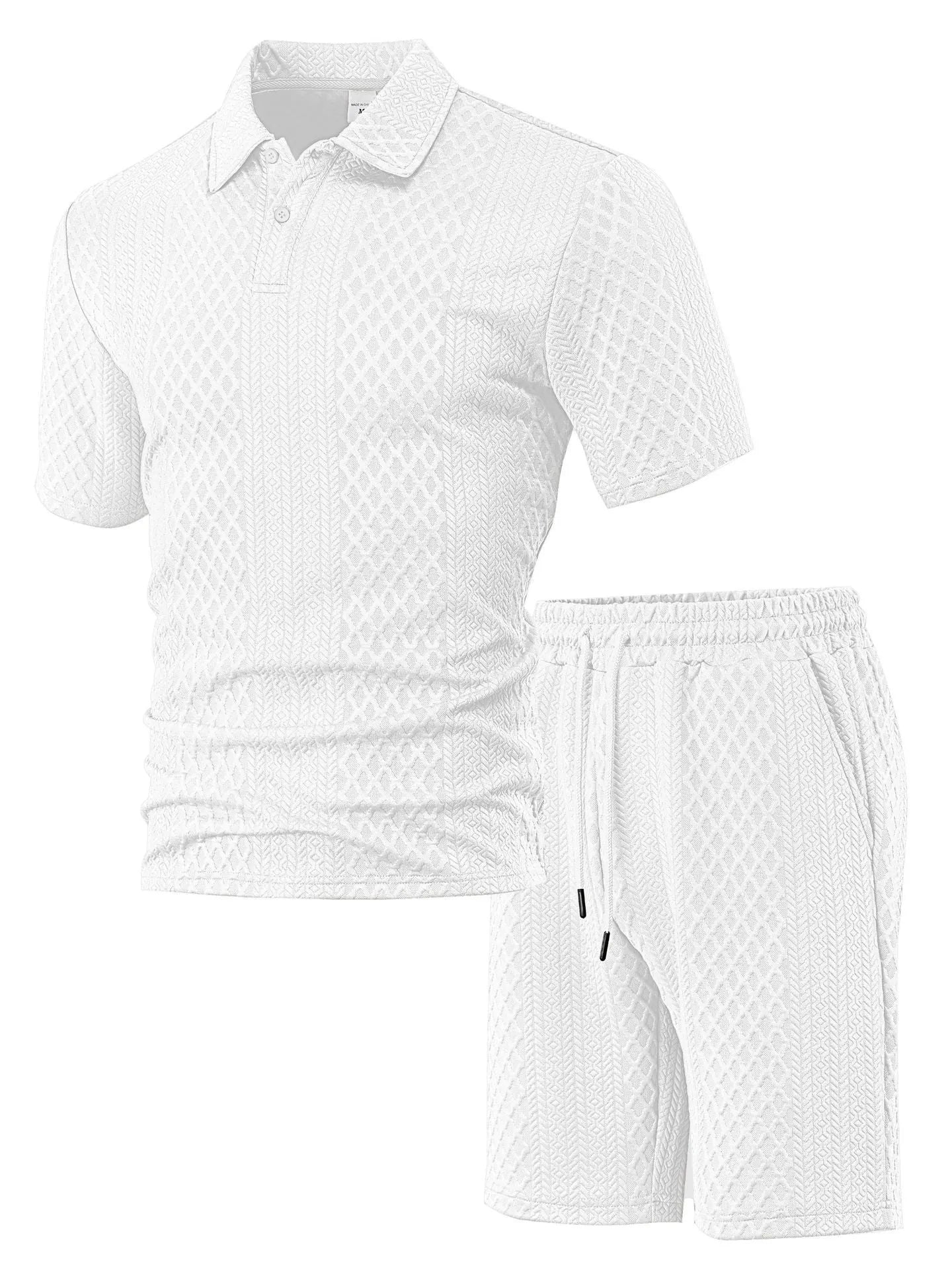 Men's patterned polyester casual suit with short-sleeve polo shirt and trousers in multiple colour options