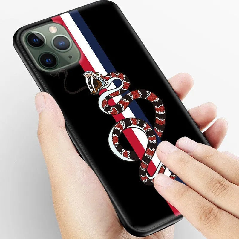 Black frosted silicone iPhone case featuring a cartoon snake design on the back.