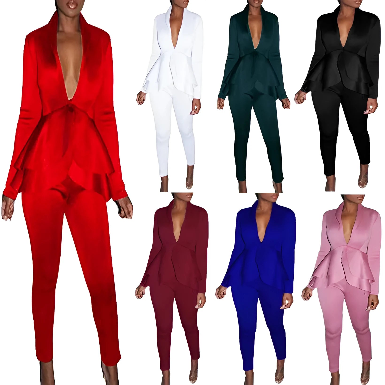 Women's ruffled business uniform set in polyester fabric with shirt and pencil pants