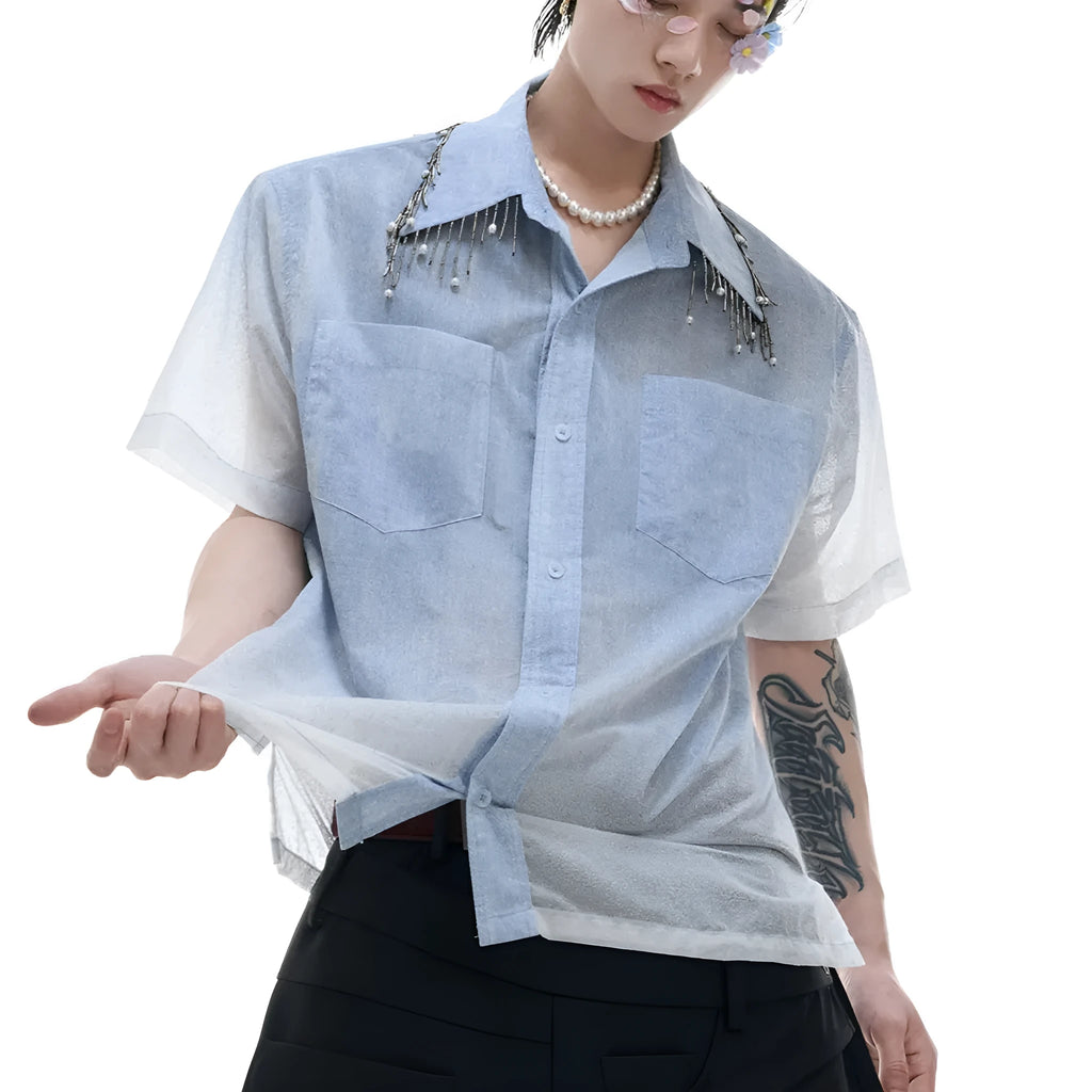 Men's loose blue and white gradient short sleeve shirt with quilted detail.